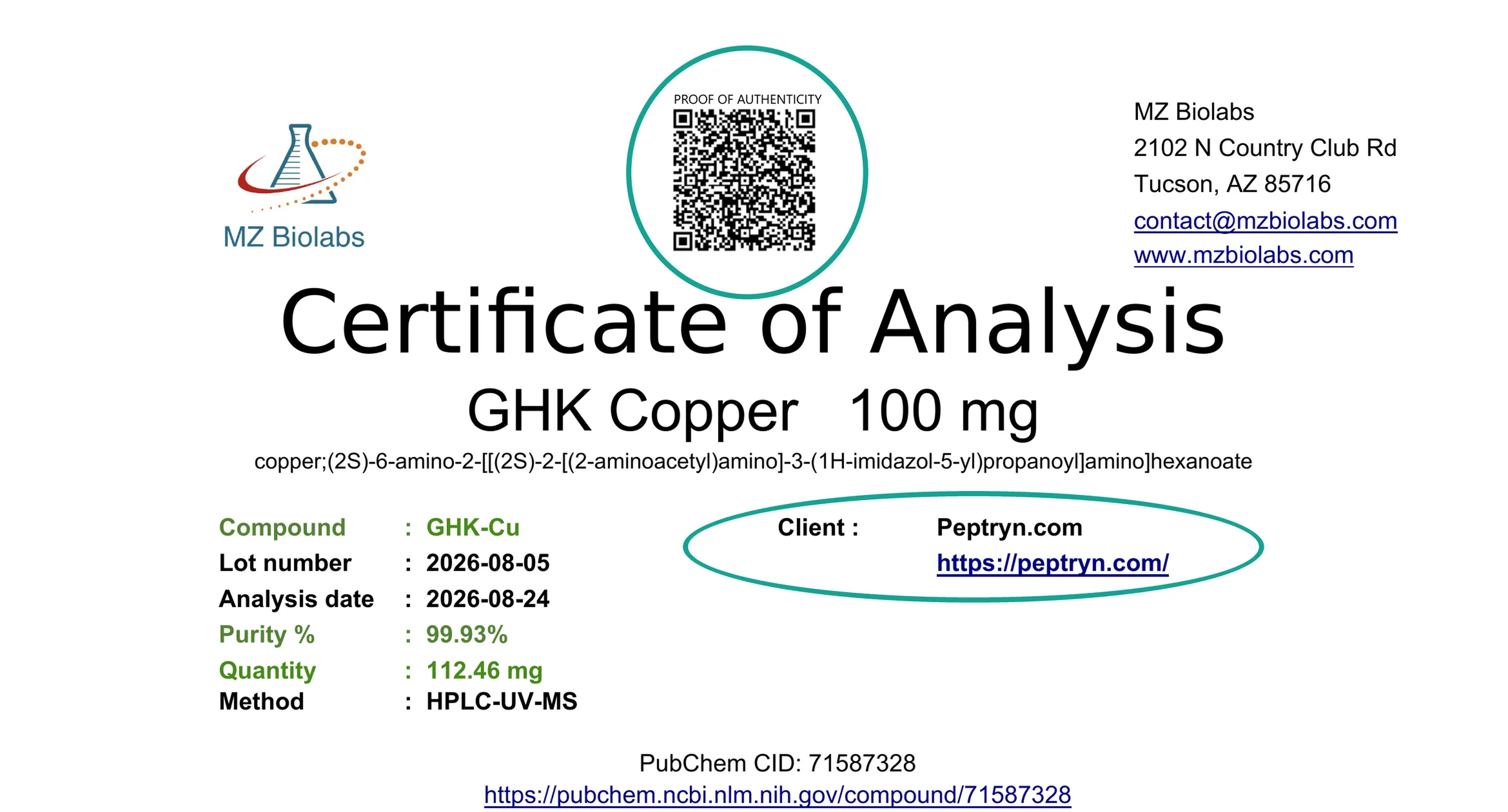 Header of a real third-party Certificate of Analysis for GHK-Cu 100mg, with the Proof of Authenticity QR code and peptryn.com verification link circled
